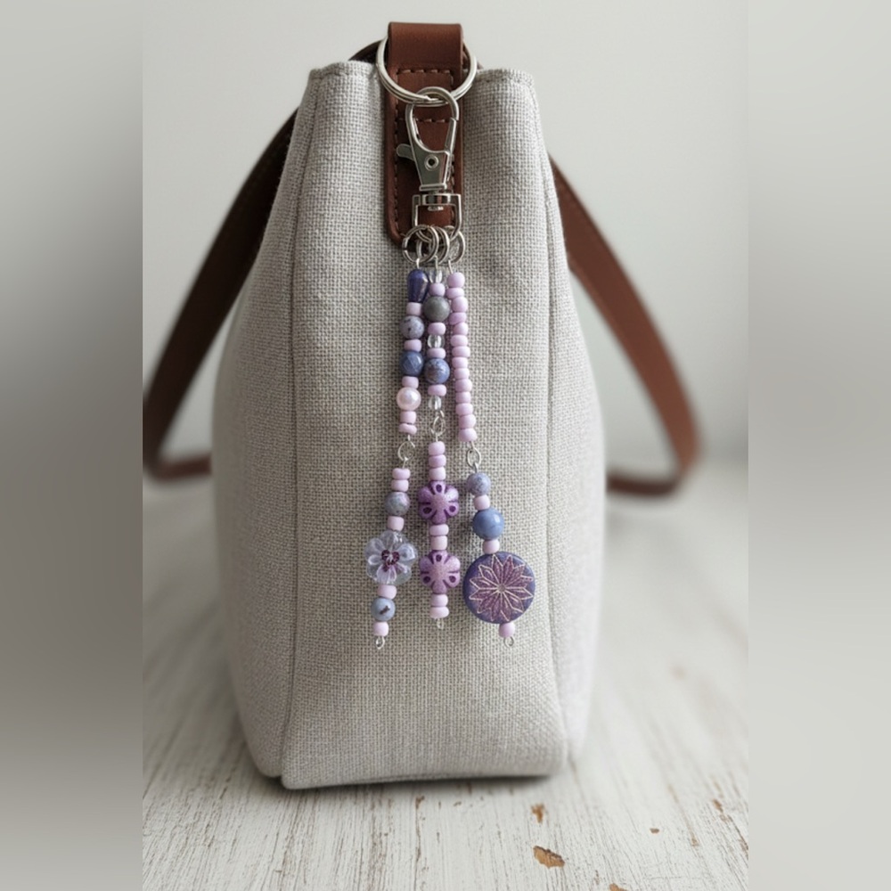 Pretty in Plum Purple Beaded Bag Charm Keychain with Floral Bead Detail